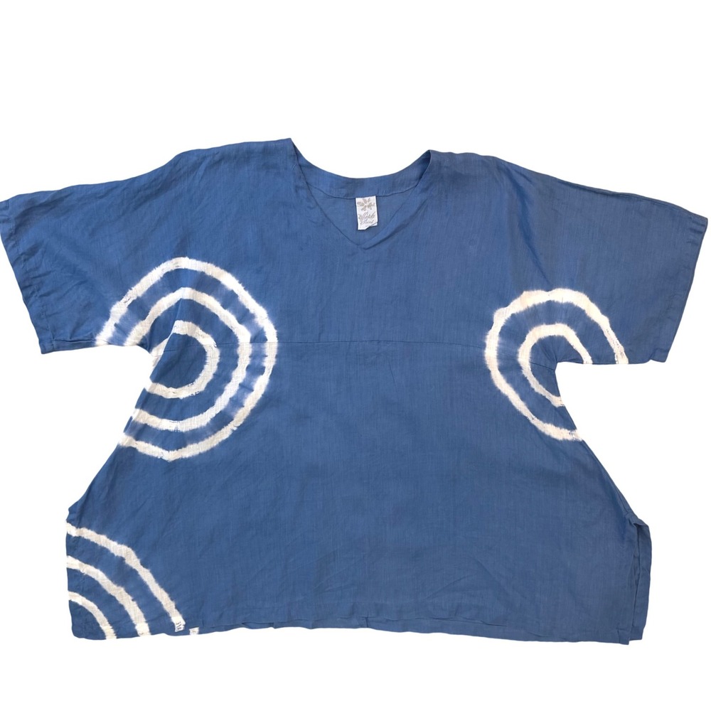 Match Point Linen Tunic Top XL Blue White Tie Dye Shibori V-Neck Oversized Boho